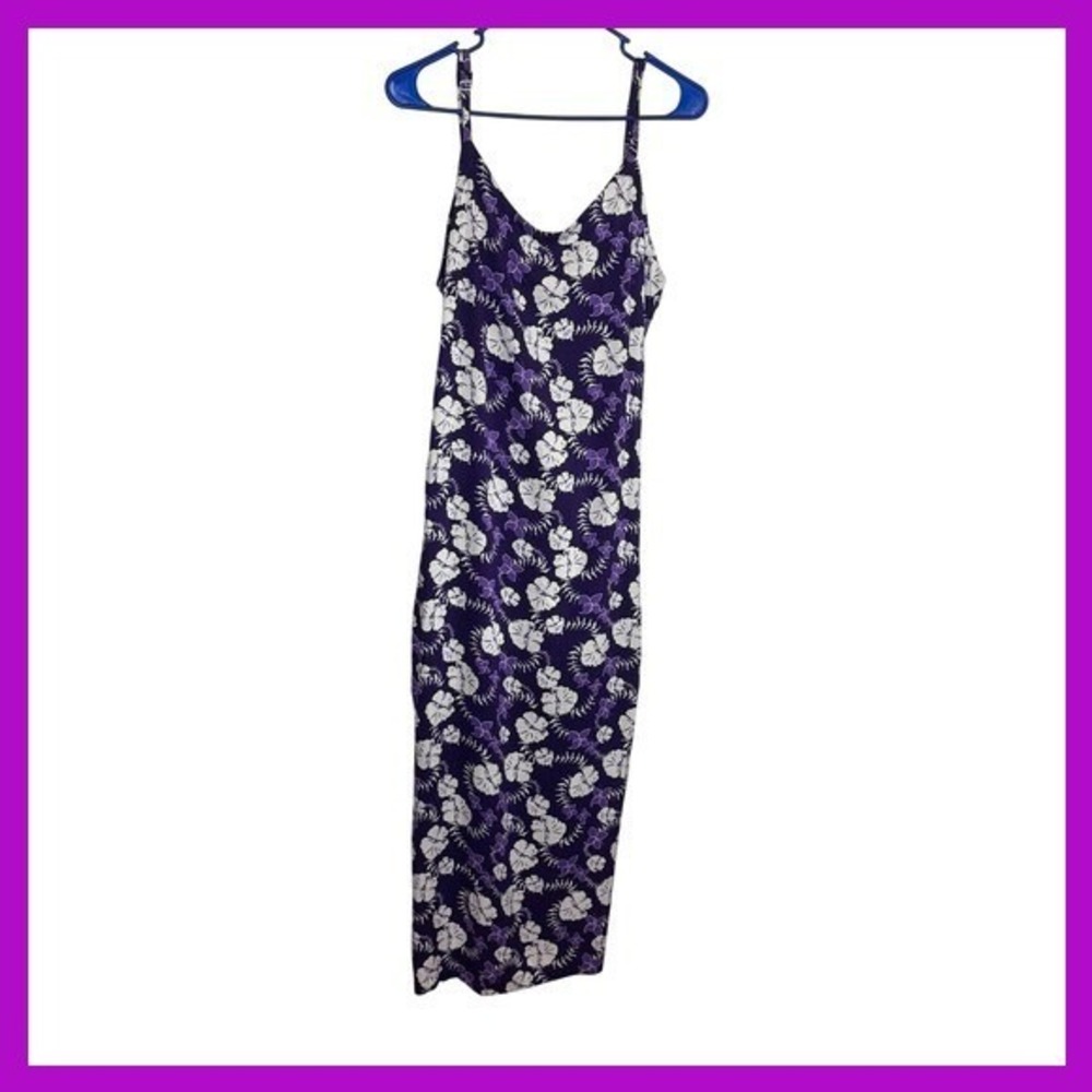 Clear Blue Sky Purple Floral Hibiscus Maxi Dress NWT Med CBS9007 Tropical V-Neck